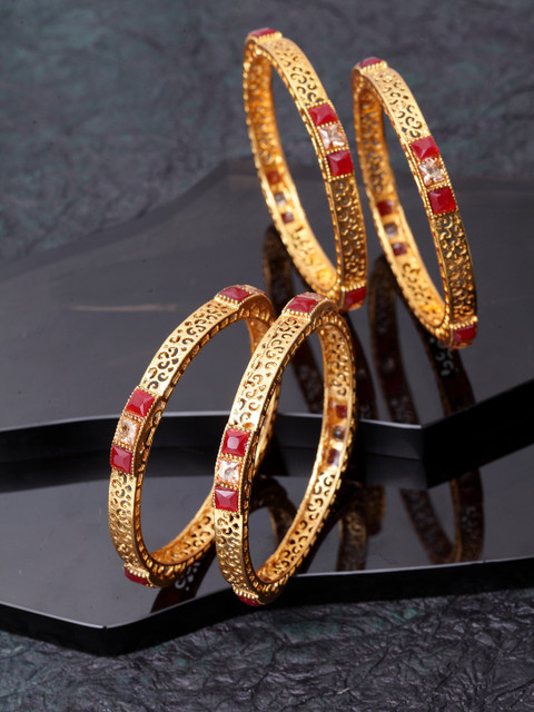 

Shining Diva Set Of 4 Gold-Plated Maroon Stone-Studded Antique Bangles