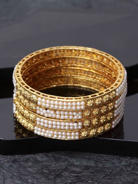 

Shining Diva Set Of 4 Gold-Plated & White Pearl-Studded Antique Bangles
