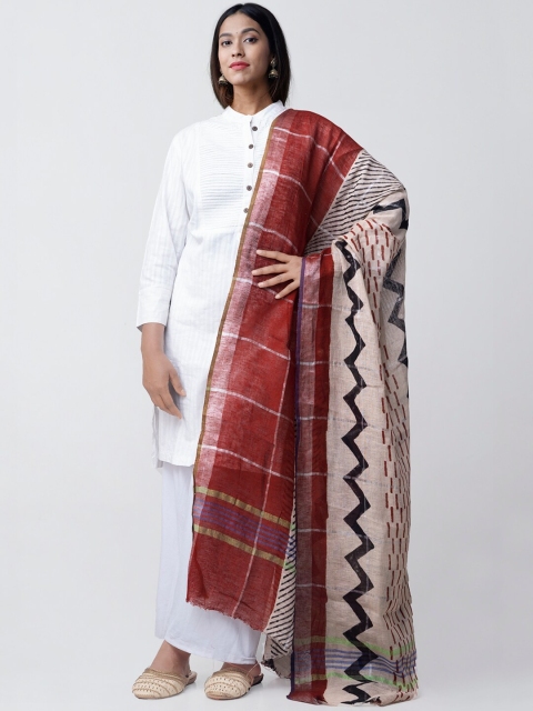 

Unnati Silks Cream-Coloured & Maroon Printed Sustainable Dupatta