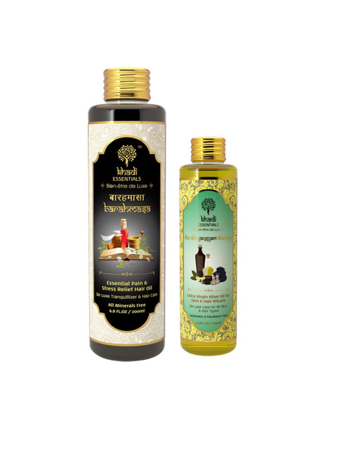

KHADI ESSENTIALS Set of Stress Relief Hair Oil & Extra Virgin Olive Massage Oil, Gold