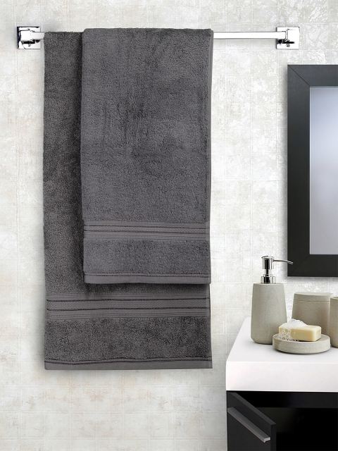 

Trident Unisex Set Of 2 Grey Solid Antimicrobial 550 GSM Couple Bath Towel Set