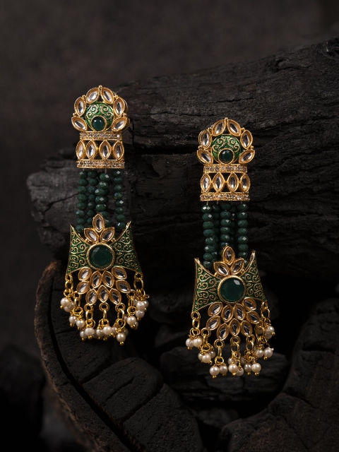 

Shoshaa Green Gold-Plated Kundan & Onyx Studded Geometric Drop Earrings