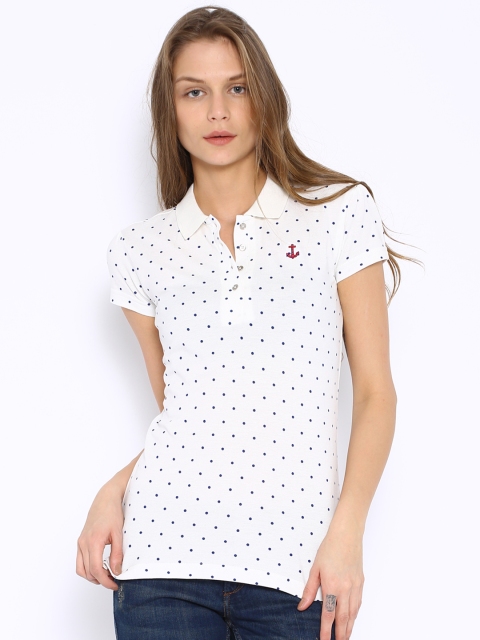 

Flying Machine White Polka Dot Print Polo T-shirt