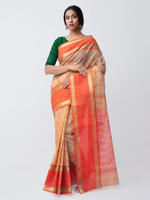 

Unnati Silks Beige & Orange Pure Cotton Printed Taant Handloom Saree