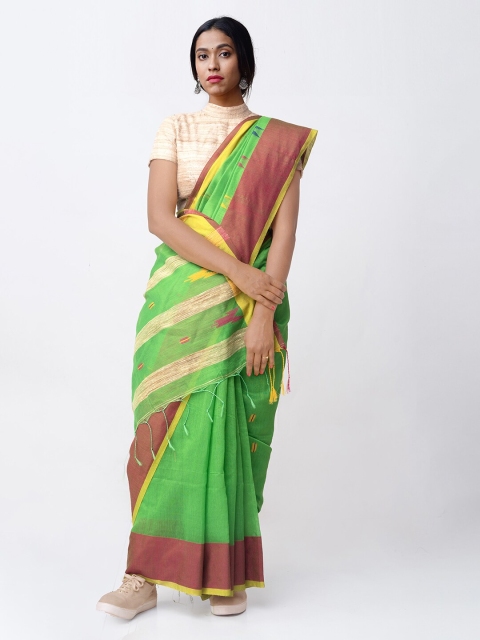 

Unnati Silks Green & Maroon Handloom Pure Linen Woven Design Saree