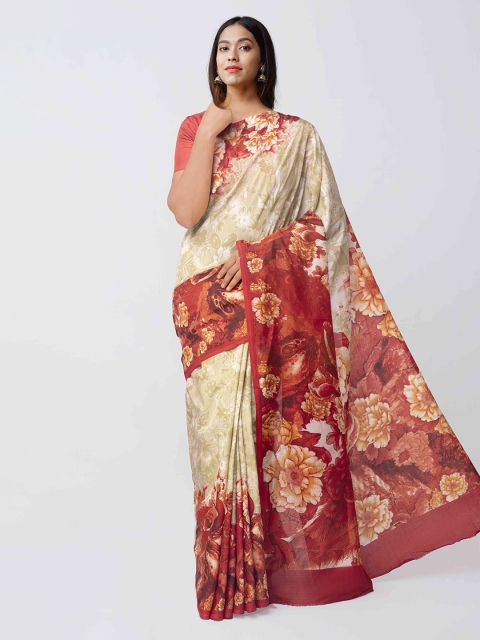 

Unnati Silks Beige & Maroon Art Silk Printed Handloom Saree