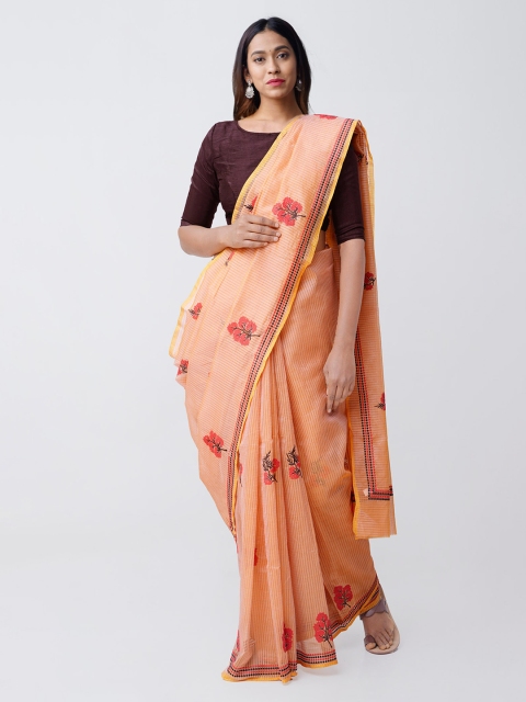 

Unnati Silks Peach-Coloured & Red Organza Embroidered Banarasi Saree