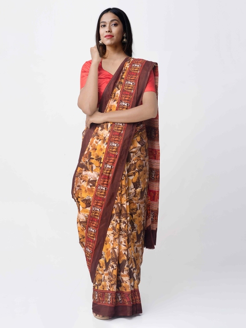 

Unnati Silks Yellow & Brown Silk Blend Printed Handloom Saree