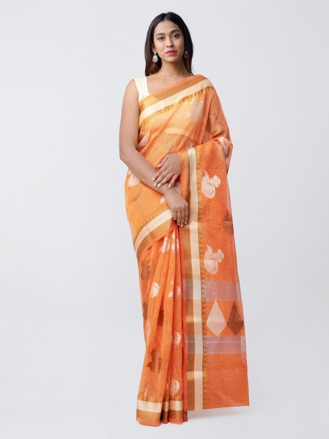 

Unnati Silks Orange & White Silk Cotton Woven Design Banarasi Handloom Saree