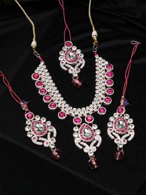 

ANIKAS CREATION Silver-Plated Pink & White Artificial Stone-Studded Jadau Jewellery Set