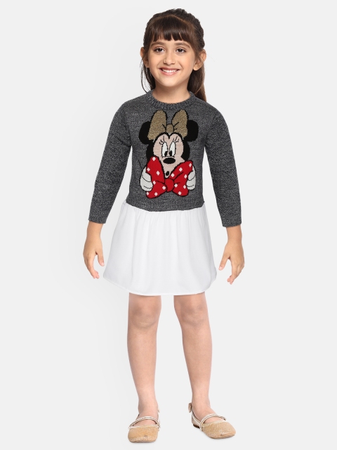 

YK Disney Girls Grey Melange & White Acrylic Minnie Mouse Patterned Sweater Dress
