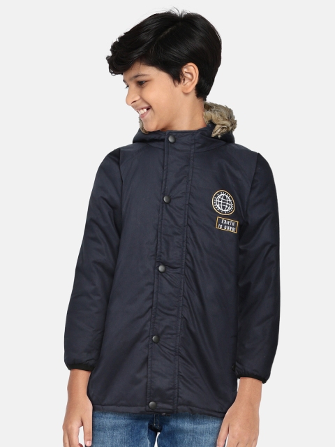 

YK Boys Navy Blue & White Hooded Parka Jacket with Printed Back