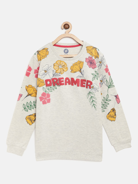 

YK Girls Grey Melange & Mustard Yellow Floral Print Sweatshirt