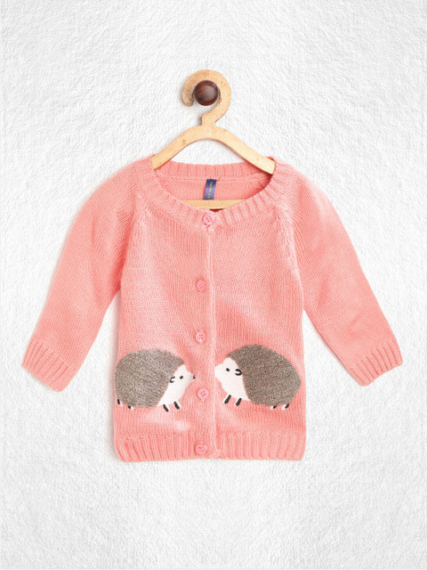 

YK Infant Girls Peach-Coloured & Taupe Porcupine Patterned Cardigan