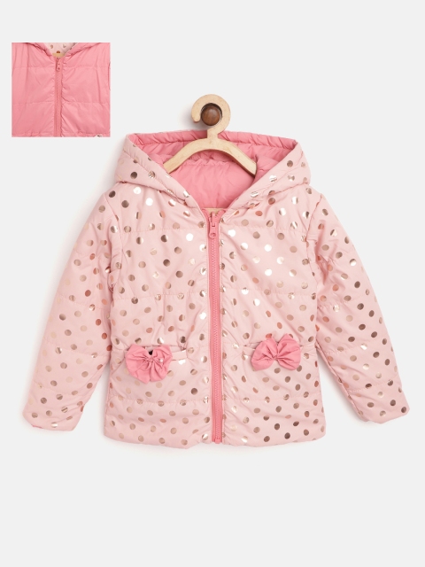 

YK Girls Pink & Rose Golden Polka Dot Print Reversible Hooded Padded Jacket