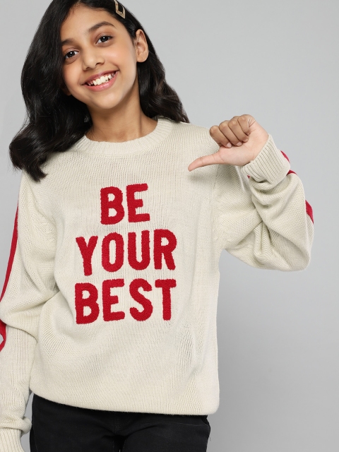 

YK Girls Beige & Red Typography Self Design Acrylic Pullover