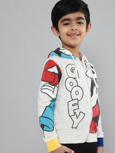 Boys Grey Melange & Red Goofy Print Hooded Sweatshirt