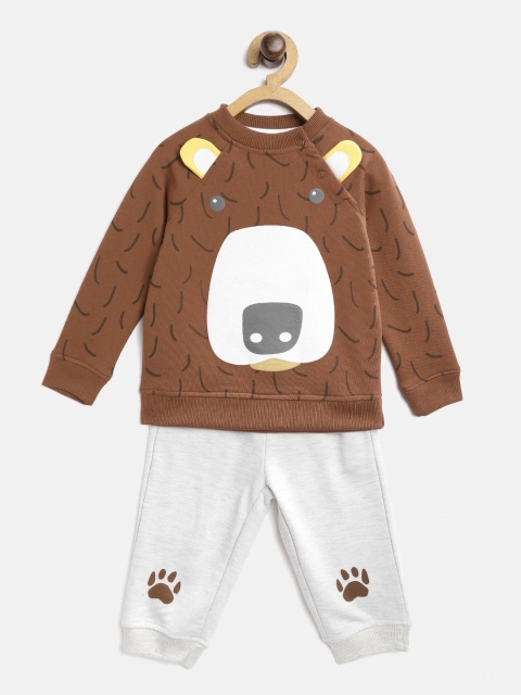 

YK Infant Boys Brown & Grey Melange Bear Print Cotton Sweatshirt with Joggers