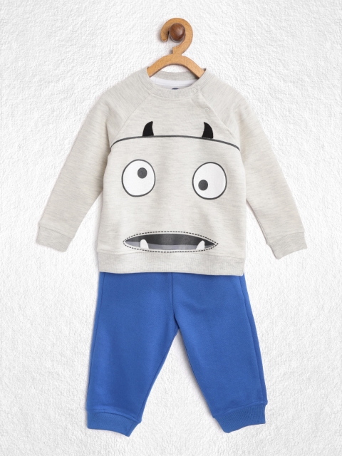 

YK Infant Boys Grey Melange & Blue Monster Face Print Pure Cotton Sweatshirt with Joggers