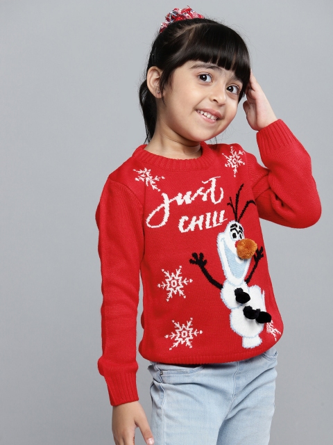 

YK Disney Girls Red & White Olaf Self Design Pullover