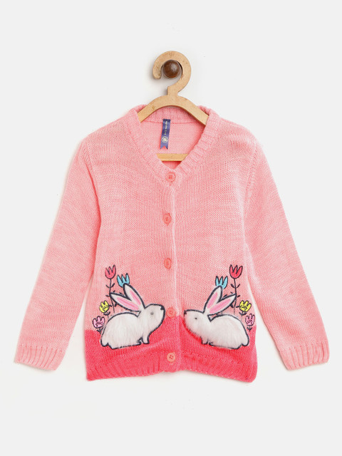 

YK Girls Pink Embroidered Acrylic Cardigan with Applique Detail