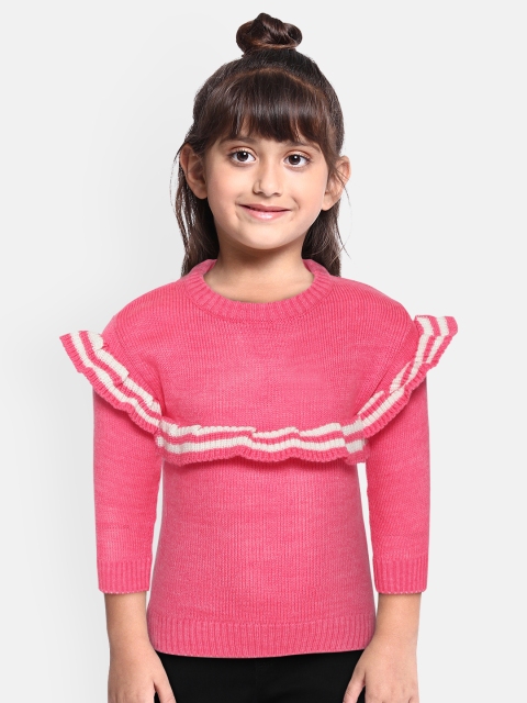 

YK Girls Pink Solid Acrylic Sweater with Ruffle Detail