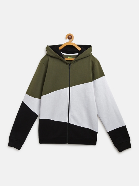 

YK Boys Olive Green & White Colourblocked Hooded Sweatshirt