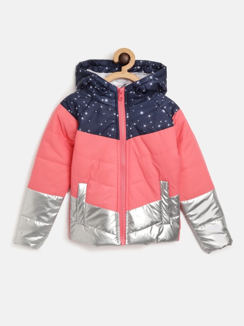 

YK Girls Pink & Navy Blue Colourblocked Hooded Padded Jacket with Printed Detail