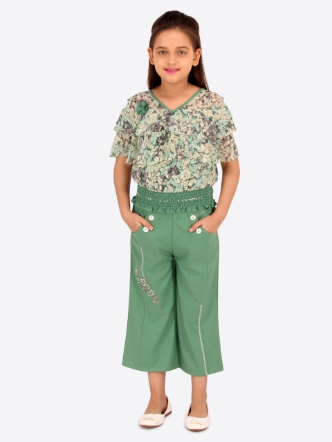 

CUTECUMBER Girls Green & Off-White Printed Top with Palazzos