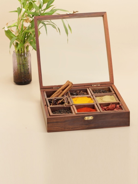 

nestroots Brown Mango Wood Square Masala Box With Lid