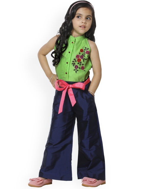 

LilPicks Girls Green & Navy Blue Solid Basic Jumpsuit