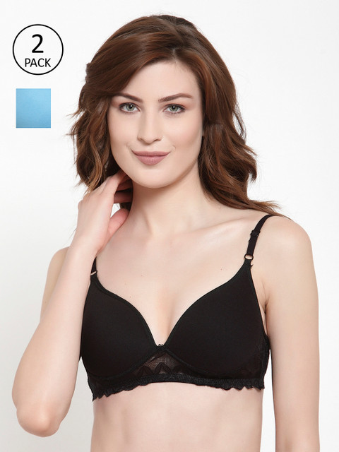 

Quttos Black & Blue Solid Non-Wired Lightly Padded T-shirt Bra