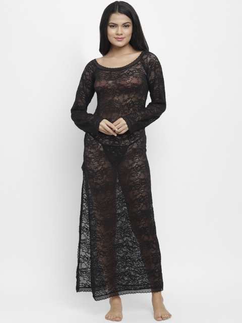 

N-Gal Women Black Solid Exotic Lace Open Side Nightdress