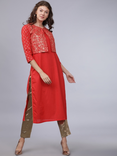 

Folklore Women Red Solid Straight Kurta