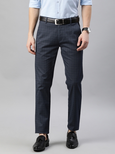 

British Club Men Navy Blue Slim Fit Checked Regular Trousers