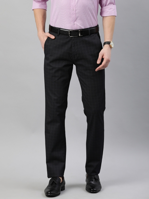 

British Club Men Charcoal & White Slim Fit Checked Formal Trousers