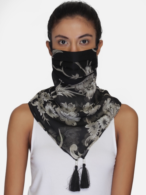 Women Black & White Floral Printed 3-Ply Reusable Scarf Style Fashion Mask