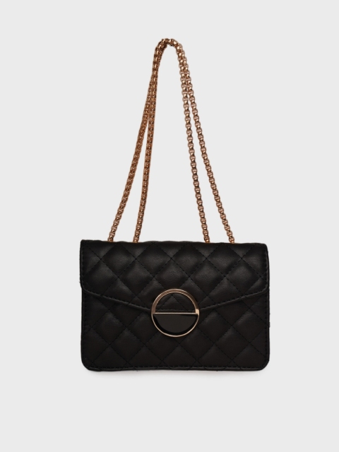 

DIVA WALK Black & Gold-Toned Textured Quilted Sling Bag