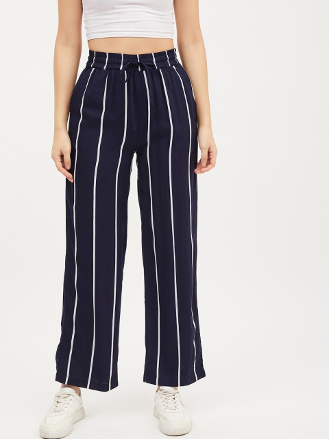

Harpa Women Navy Blue & White Smart Regular Fit Striped Parallel Trousers