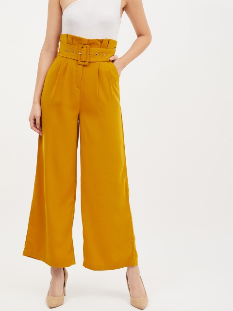 

Harpa Women Mustard Yellow Loose Fit Solid Parallel Trousers with Belt