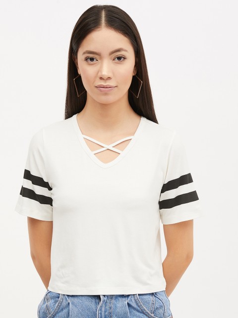

Harpa Women White Striped V-Neck T-shirt