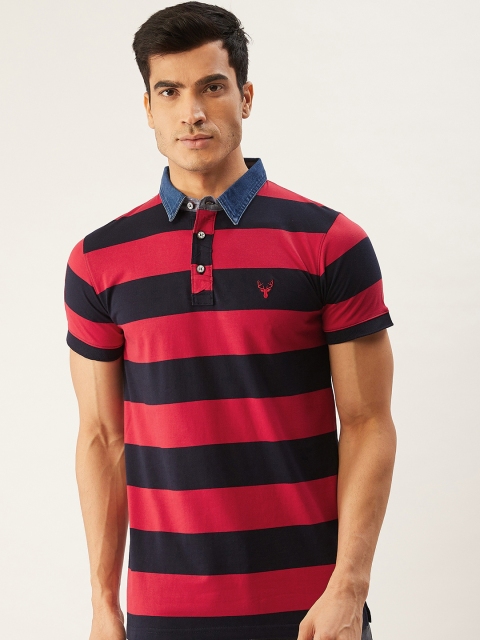 

PORTBLAIR Men Red & Navy Blue Striped Polo Collar T-shirt