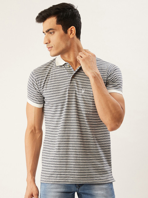 

PORTBLAIR Men Navy Blue & White Striped Polo Collar T-shirt