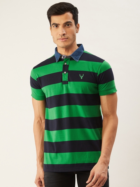 

PORTBLAIR Men Green & Navy Blue Striped Polo Collar T-shirt