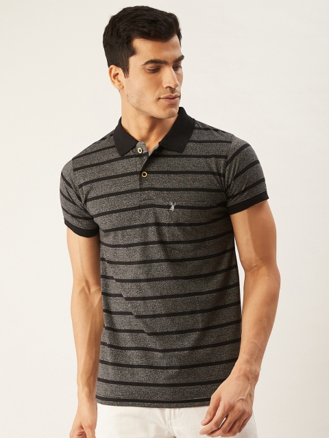 

PORTBLAIR Men Charcoal Grey & Black Striped Polo Collar T-shirt
