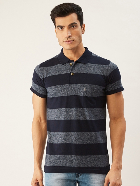 

PORTBLAIR Men Navy Blue Striped Polo Collar T-shirt