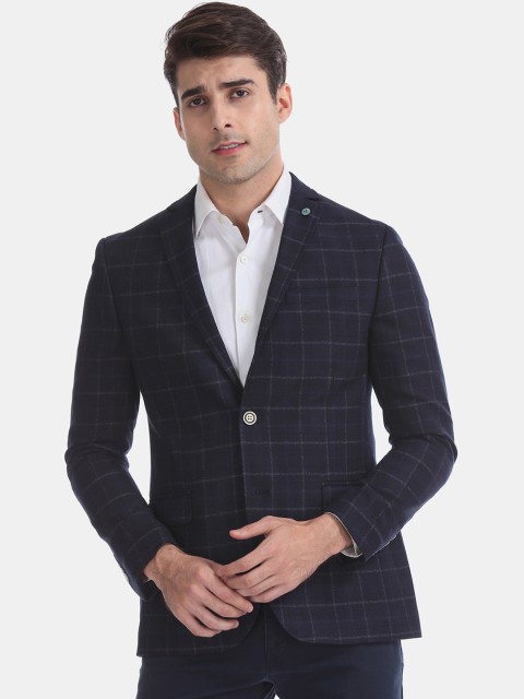 

Arrow Men Navy Blue Checked Slim-Fit Single-Breasted Formal Blazer