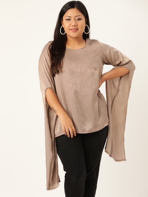 

Revolution Plus Size Women Taupe Satin Finish Solid Long Slit Sleeves Top