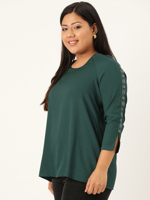 

Revolution Plus Size Women Green Solid Lace Insert Top