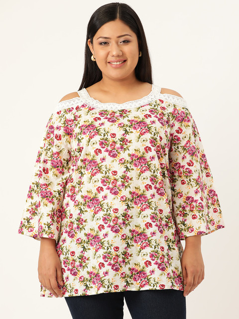 

Revolution Plus Size Women Off-White Pink Floral Print Cold-Shoulder Top